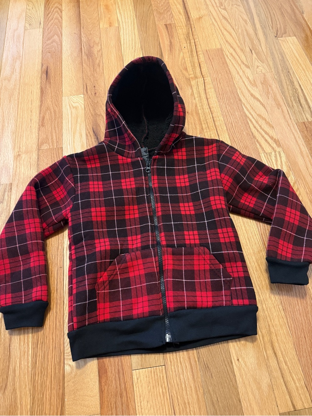 Kids Red Plaid Hooded Zip Jacket Size 4